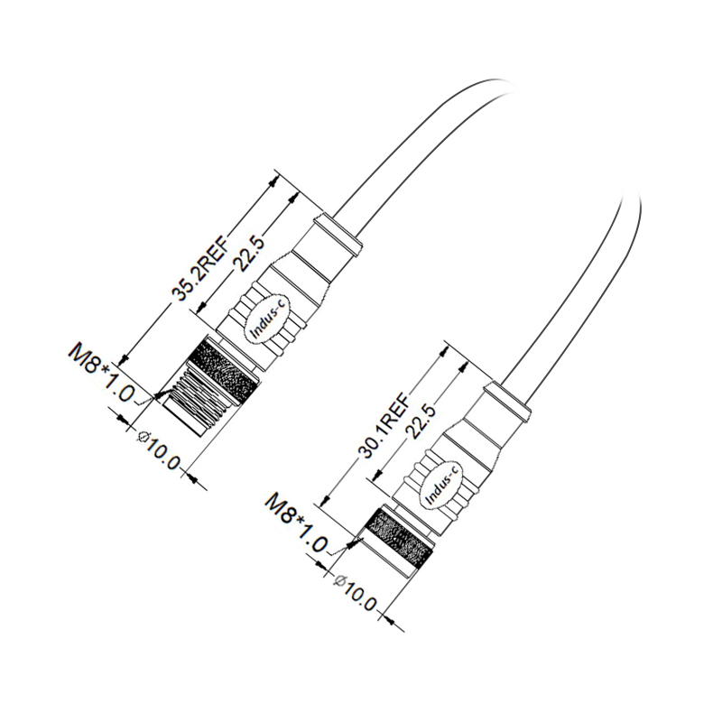 M8 3pins A code male to female straight molded cable, unshielded, PVC, -10°C~+80°C, 24AWG 0.25mm²